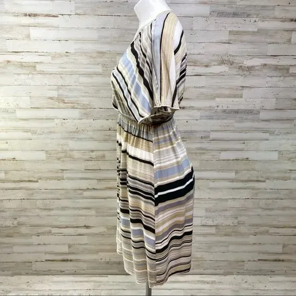 Hale Bob Silk Blend Faux Wrap Dress Womens Size S Tan Black Striped - Picture 4 of 13